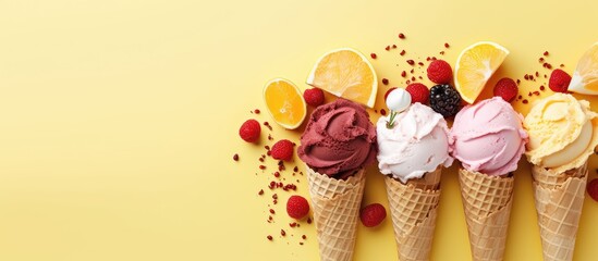 Sticker - Sweet food with lemon and cranberry on isolated pastel background Copy space is ice cream in cones