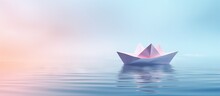 Lone Paper Boat Against Isolated Pastel Background Copy Space