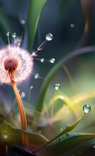  Dandelion With Water Droplets On It In The Grass, Bubbles Of Water On A Dandelion With A Blurry Background.