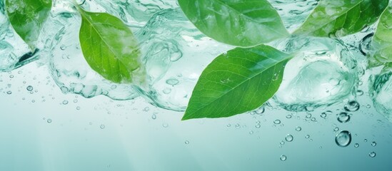 Fototapete - Melting ice with water droplets in a leaf structure isolated pastel background Copy space
