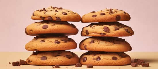 Poster - Stacked chocolate chip cookies against a isolated pastel background Copy space