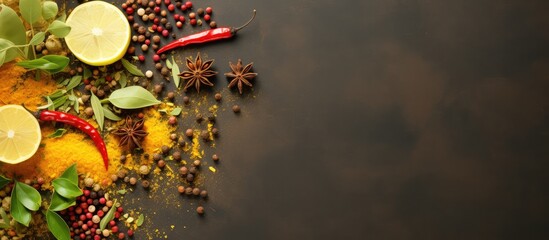 Wall Mural - Top view of a spicy blend including lemon peel chili peppercorns mustard seeds ginger on a isolated pastel background Copy space