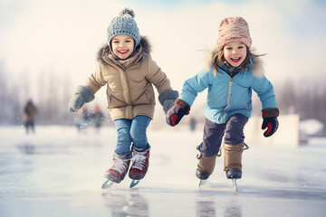 Happy kids ice skating