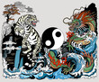 Chinese green Dragon and White Tiger Encounter at the Waterfall. Celestial feng shui animals. Mythological creatures facing each other surrounded by water waves. Yin Yang symbol. Vector illustration i