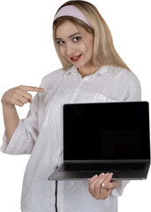 Pointing laptop screen, portrait of young happy woman holding and pointing laptop screen. White blank display computer pc mock up. Excited blonde girl standing isolated transparent png background.