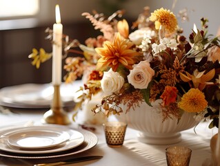 Canvas Print - Beautiful fall table setting, autumn dinner table decoration with flowers and candles, holiday event decor in orange and yellow colors