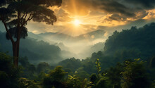 Sunrise In The Morning Mist In The Tropical Forest. Nature Background