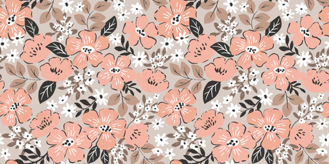 Wall Mural - Hand drawn pink flowers, seamless pattern. Garden botanical blossom floral illustration. Doodle pastel meadow. 