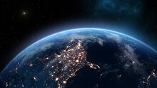 North America View From Space. Planet Earth Night Cities Lights. Beautiful View Of The Globe From Orbit Satellite. Global World Technology And Business Concept. 4k Ultra HD 3840x2160