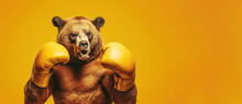 Bear Boxer Over Orange Background, Panoramic Layout. Generative Ai