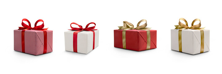 a collection of red and white gift wrapped presents with a red and gold ribbon bows isolated against