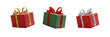 A collection of red and green gift wrapped presents with a red , gold and silver ribbon bows isolated against a transparent background.