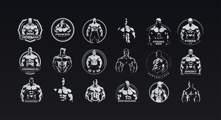 Powerful muscular athletes icons for GYM logos. Masculine figures silhouette for fitness, bodybuilding, and health-related designs. Modern athletic aesthetic. Vector illustrations.