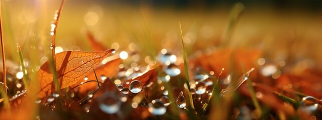 Fallen autumn leaves with dew in grass web banner. Autumn leaves with water drops closeup nature background. Golden autumn leaf in the grass in the sun
