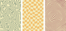 Set Of Three Vector Groovy Background 60s, 70s Retro Style. Trendy Abstract Hippie Pattern With Psychedelic Waves In Pastel Colors	