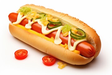 Wall Mural - Delicious hot dog with ketchup, mustard and assorted toppings, isolated on white background