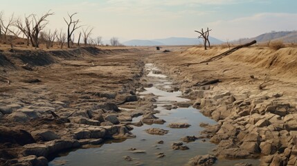 Wall Mural - Dry river with dead trees in the arid areas. Desert landscape with dry bushes and broken ground. Draught period in the African terrain at sunset. Dry river in the desert at sunset. Global worming.