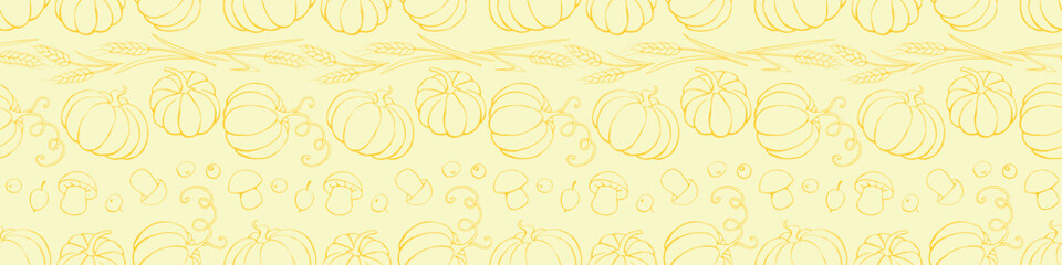 Vector seamless pattern of autumn harvest symbols: pumpkins, wheat ears, berries, mushrooms in doodle style. Outline background, texture. Theme: forest, happy autumn, Thanksgiving