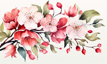 Drawn, Branch With Red Flowers On A White Background.