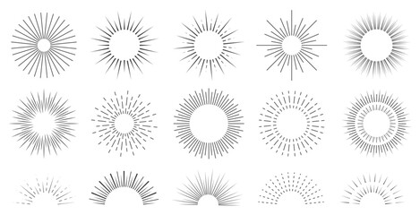 Sun ray set. Sunburst minimalistic collection. Vector sparkle ray. Decorative line sunlight.