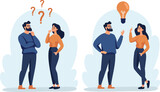 Fototapeta Pokój dzieciecy - Flat vector illustration. A woman and a man are discussing issues, thinking about making a decision, coming up with an idea. The concept of finding the right solution and idea. Vector illustration