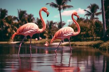 Pink Flamingos Walk By Pond In Tropical Park With Palm Trees