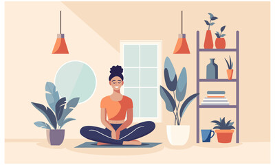 Flat vector illustration in modern style. Cute happy girl doing yoga, meditating in lotus pose. Home interior, flowers in pots . Vector illustration