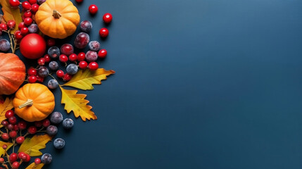  Pumpkin and berries autumn harvest and leaves on navy blue background, top view, Thanksgiving and Halloween autumn background.