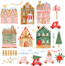 Christmas Village Constructor With Watercolor Houses, Cars, Trees And Snow