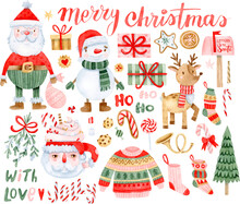 Watercolor Christmas Clipart, Santa Claus, Snowman, Presents, Deer, Sweater, And Socks. Christmas Decoration Elements And Lettering Set