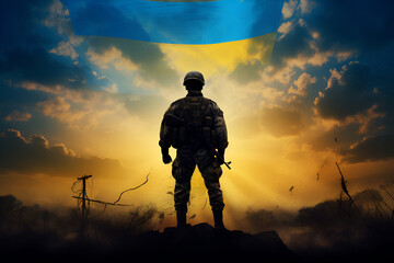 Flag of Ukraine with silhouette of soldier against the sunrise or sunset. Concept - armed forces of Ukraine. Relationship between Ukraine and Russia. Generative AI