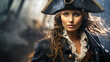 Portrait of a beautiful woman female pirate captain weathering the storm on the wooden ship. Generative AI