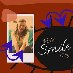 Sticker - Composite of world smile day and caucasian woman smiling over arrows on brown background