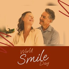 Sticker - Composite of world smile day and caucasian couple smiling over arrow pattern on brown background