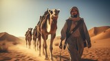 Man is leading camels in the desert