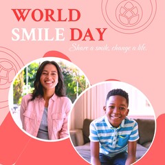 Sticker - Composite of world smile day text and diverse woman and boy smiling over pink background