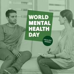 Composite of world mental health day text over caucasian man and woman in therapy