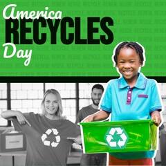 Sticker - Composite of america recycles day text and diverse people with green recycling sign