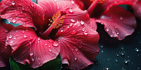 Sticker - close-up hibiscus with drops water wallpaper. Created with AI tools