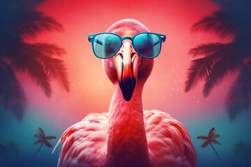 Wall Mural - feather summer party flamingo tropical sunglasses animal bird hipster pink. Generative AI.