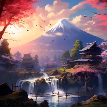 Animation of pink Japanese natural scenery and castles, AI generative