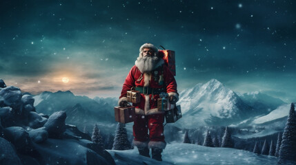 Wall Mural - mountain snow winter costume christmas santa night holiday nature sky. Generative AI.