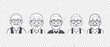 Vector set of graphic monochrome icons or stickers. Smiling good-natured grandfathers in glasses. Isolated background.