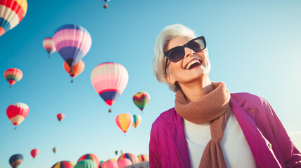 Portrait of a adult pleased woman in her that is wearing a chic cardigan against a colorful balloon festival with hot air balloons in the sky background.