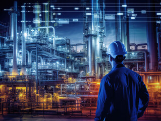 Rear view of engineer with oil refinery industry plant in the background at night, industrial instruments in the factory and futuristic hologram concept, Industry 4.0 concept.