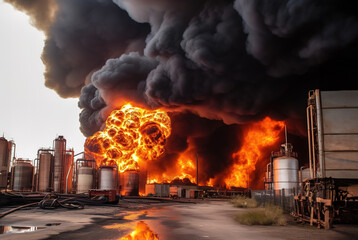 Major fire at an industrial oil refinery. Powerful explosion with black smoke cloud.