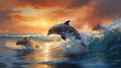 A pod of dolphins leaps joyfully through the waves, their sleek bodies cutting through the water with grace. The scene exudes energy and vitality, showcasing the dynamic and spirited nature.