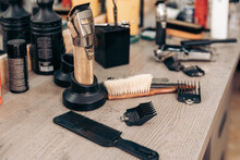 Set Of Professional Barber Equipment In Barbershop