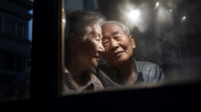 AI Generated Image Of Happy Asian Senior Elderly Couple In Love Behind The Window At Night In Blurred Background