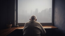 AI Generated Image Of Anonymous Senior Elderly Man Sitting At Home At The Table And Looking Through The Window With A View City